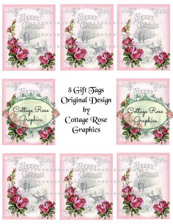 Pink Merry Christmas Roses Gift Tag Sheet Large Digital | Etsy