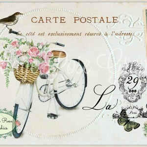 Vintage Bike Postcard digital download Basket of roses Carte Postale collage French Script BUY 3 get one FREE single image