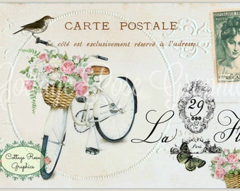 Vintage Bicycle Postcard with Roses: French Collage (Digital Download)