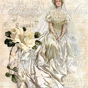 May include: Vintage illustration of a bride in a white wedding dress with a veil and floral headpiece. The image features a bouquet of white roses and musical notes in the background. The text "Cottage Graphics" is overlaid on the image.