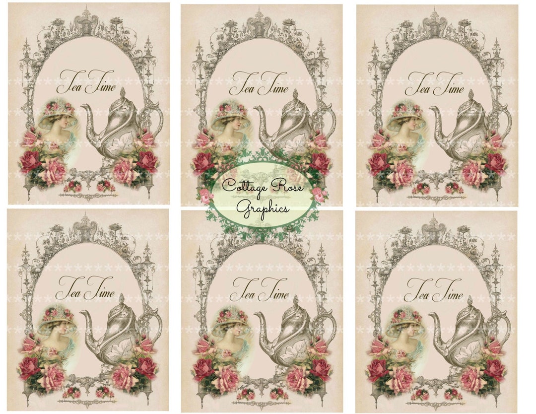 Victorian Tea Time Digital Download Collage Vintage Pink Roses ATC ACEO ...