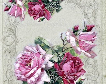 May include: Vintage-style digital graphic featuring watercolor roses in shades of pink and red, with green leaves. The image includes the text "Cottage Rose Graphics" and is set against a textured, off-white background with ornate scrollwork.