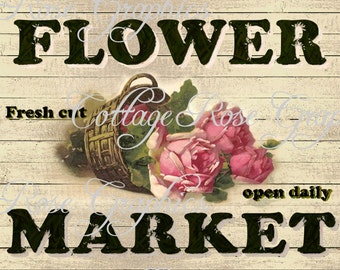 Flower Market LARGE format digital image download vintage country prim pink roses Buy 3 Get one Free