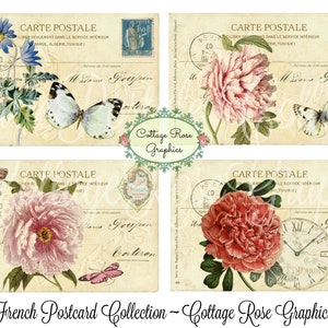 Jahrgang Französisch Postkarte digitaler Download Collage botanische Blumen & Rosen ATC ACEO ECS Preis von 3