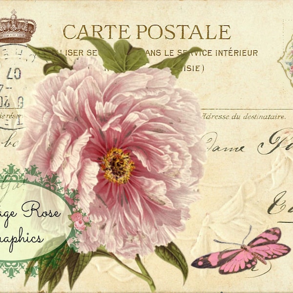 Vintage  French Postcard digital download Pink Peony Carte Postale collage French Cottage BUY 3 get ne FREE single image