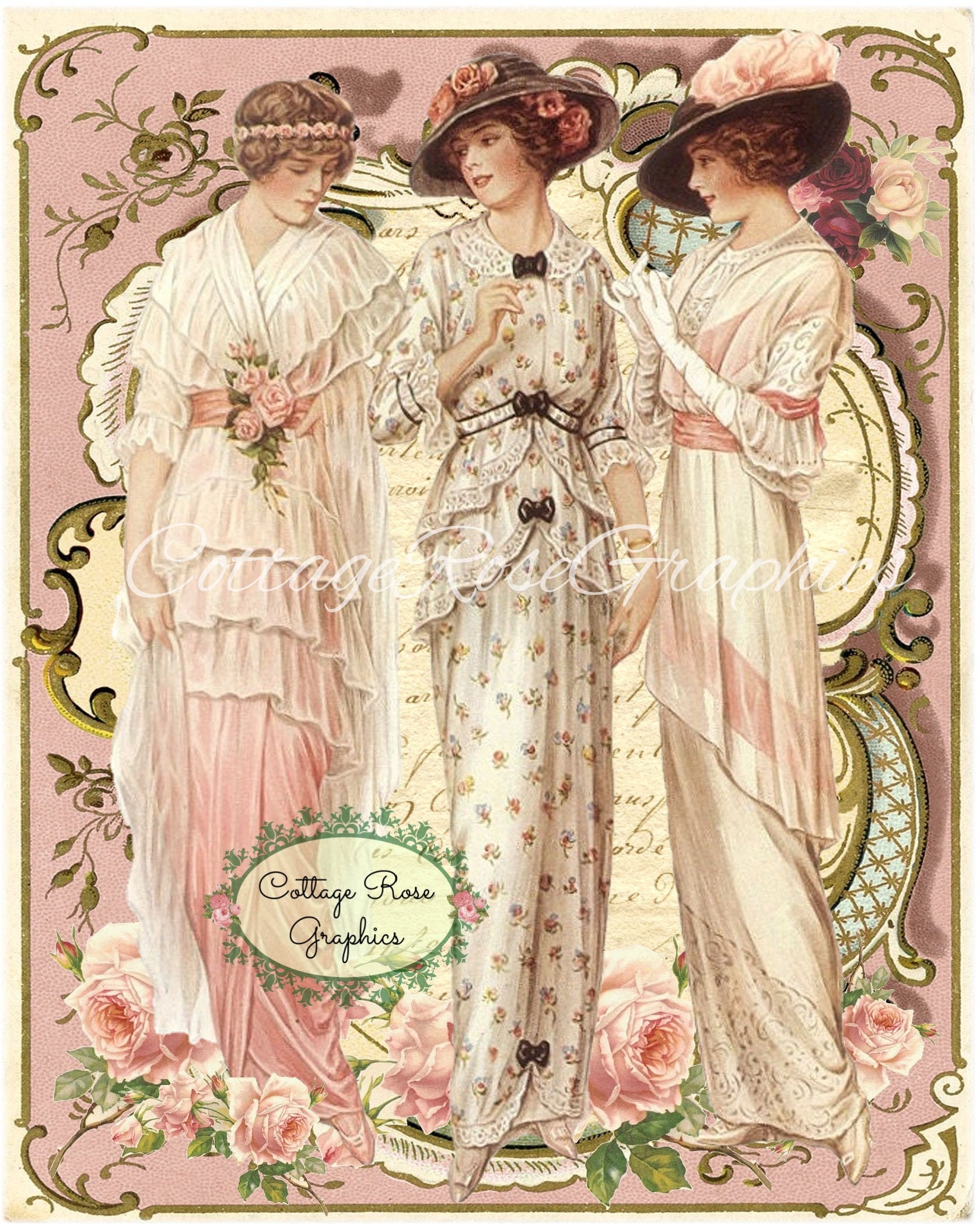 3 Vintage Victorian/edwardian Fashion Ladies Pink Roses Large