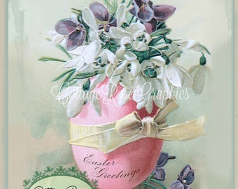 Vintage Pink EASTER EGG Snowdrops and Violets Large digital download ECS buy 3 get one free romantic cottage single image svfteam