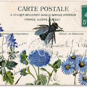 Vintage Bee Postcard digital download Blue floral Carte Postale collage French Script BUY 3 get one FREE single image
