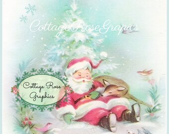 Vintage Santa Napping with Deer & Bunnies Large digital download