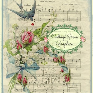 Imagen vintage de San Valentín: pájaro azul, rosas y canción de amor (descarga digital)