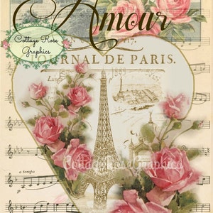 Paris Amour vintage Valentine Large digital download ECS buy 3 get one free Pink ROSES romantic single image image 1