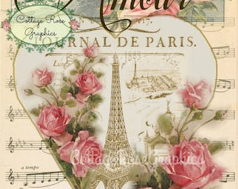 Paris Amour vintage Valentine Large digital download ECS buy 3 get one free Pink ROSES romantic single image