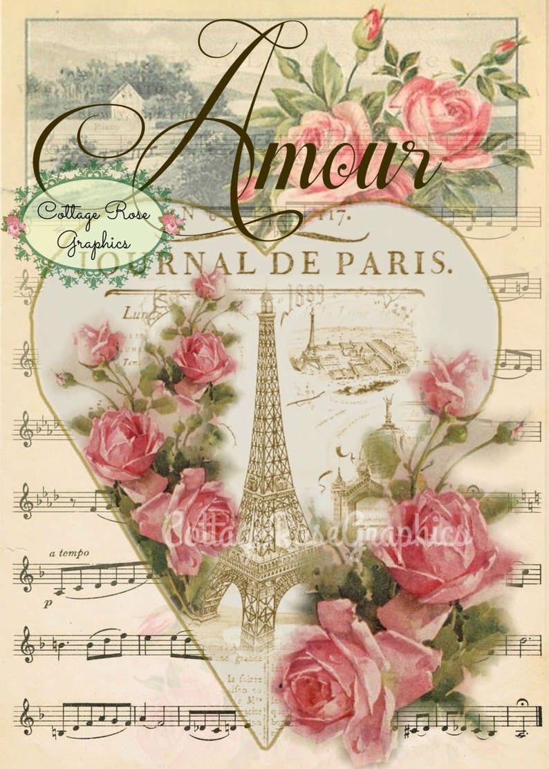 Paris Amour vintage Valentine Large digital download ECS buy 3 get one free Pink ROSES romantic single image image 1