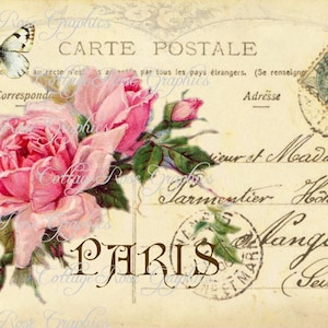 The key to Paris Vintage Postcard digital download collage Pink roses Carte Postale BUY 3 get one FREE single image