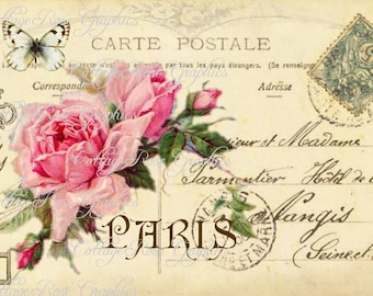 Paris Vintage Postcard Digital Collage: Pink Roses (Digital Download)