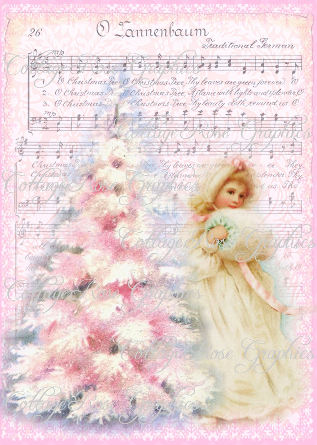 O Tannebaum PINK CHRISTMAS Tree Shabby Cottage Roses Large Digital ...