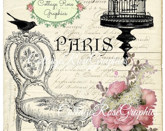 French Chair digital download bird cage Paris pink roses image BUY 3 get one FREE