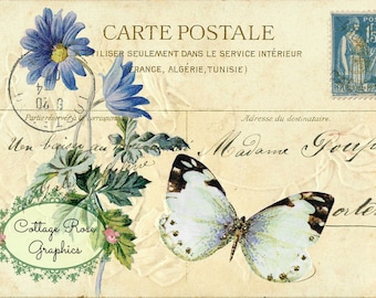 Vintage French Postcard digital download Blue Daisy Carte Postale collage French Cottage BUY 3 get ne FREE single image