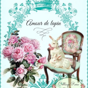 Vintage Amour de lapin coelho amor rosa buquê de rosas download digital ECS compre 3 ganhe uma única imagem grátis coelhinhos em uma cadeira
