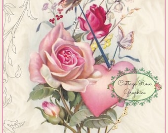 Vintage French Valentine  download Pink Roses and Hearts romantic single image ECS buy 3 get one free