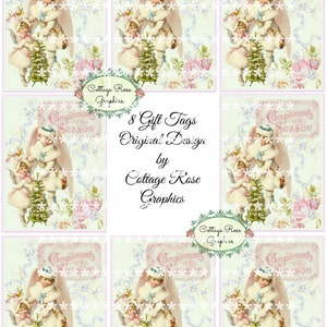 Cadeau label blad roze Kerst engelen vintage shabby complimenten van het seizoen digitale download dat roze rozen ECS 3 kopen krijgen een gratis