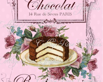 French Bakery Print: Paris Roses, Chocolate Cake (Digital Download)