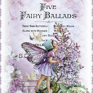 Puede incluir: Una ilustración vintage de un hada con alas moradas y un sombrero azul, de pie junto a un ramo de flores de lila moradas. El texto "Five Fairy Ballads" está en la parte superior de la imagen, y el texto "Sweet Baby Butterfly Alone With Mother" está debajo del hada. La imagen está en una paleta de colores suaves y pastel.