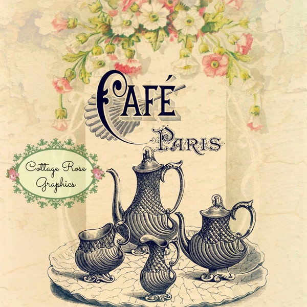 Cafe' Paris LARGE imagen digital imprimible descargar rosas rosas salvajes Comprar 3 Obtener uno gratis