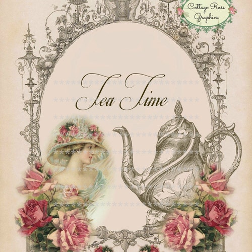 Victorian Tea Time Large Digital Printable Download Pink Roses Etsy