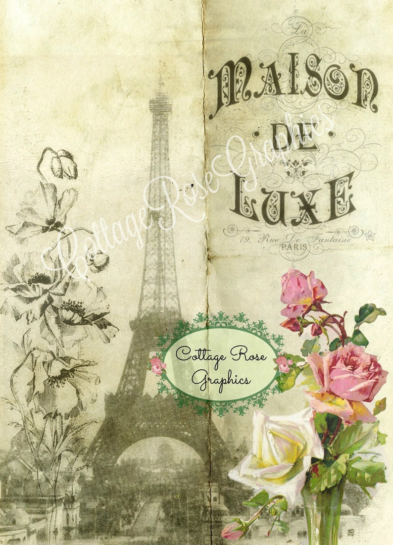 French Ephemera Digital book page pink roses single image BUY 3 get one FREE download image 1