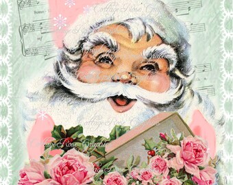 May include: Vintage illustration of Santa Claus with a rosy face and white beard, wearing a pink hat. He holds a pink box overflowing with pink roses and greenery. The text "A bright Christmas" is visible on the box.