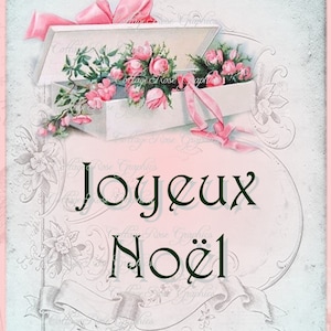 Różowe Boże Narodzenie Francuski Joyeux Noel Vintage Box of Pink roses collage Duży cyfrowy download ECS kup 3 i otrzymaj 1 gratis