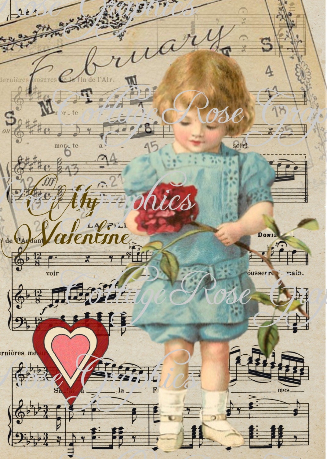 Valentine February 14 series Blue Dress  vintage shabby cottage Large digital download ECS buy 3 get one free