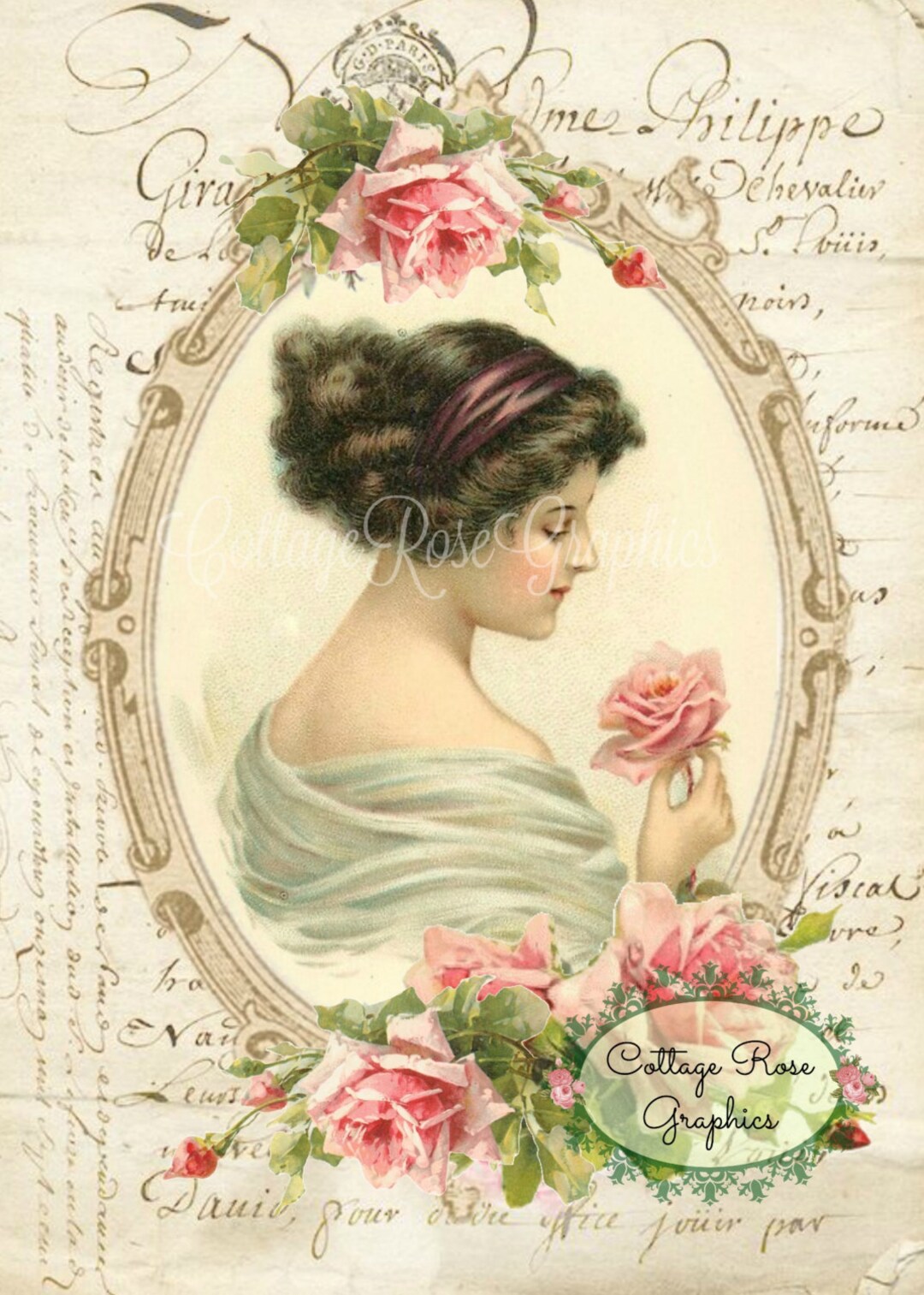 Vintage Victorian Lady With Pink Roses - French Script (digital