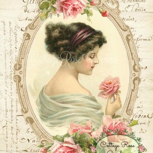 Vintage Victorian Lady with Pink Roses - French Script (Digital Download)