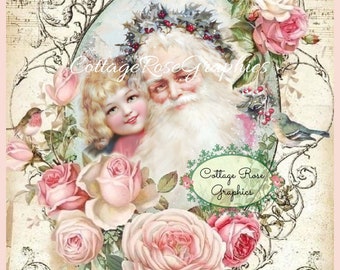 Vintage Christmas Santa Girl Roses Graphic (Digital Download)