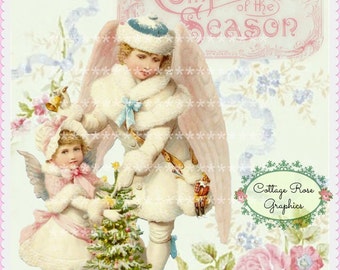 Pink CHRISTMAS Angels vintage shabby Compliments of the Season Large digital download  ECS buy 3 get one free