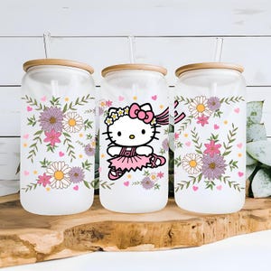 Kawaii Kitty Hello Glass Cup Tumbler, Adorable Design for Cozy Beverages, Ideal Gift for Friends Who Love Cute Things, Easter Basket Gift.