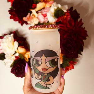 Power Puff Girls Nostalgic Y2K Frosted Glass Cup, Buttercup Can for Cartoon Lovers, , Easter Basket Gift.