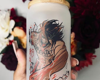 Eren Yeager Attack on Titan Frosted Iced Coffee Glass, Anime Fan Gift Tumbler, AOT Inspired Beer Can, Easter Basket Gift.