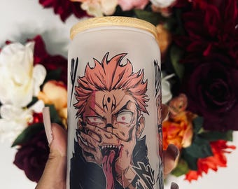 Yuji Itadori-Sukuna Iced Coffee Glass, Handcrafted Jujutsu Kaisen Glass Tumbler, JJK Anime Cup, Unique Kawaii Gift , Easter Basket Gift.
