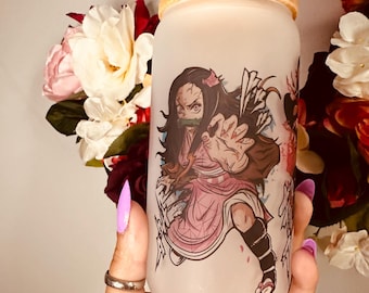 Nezuko Kamado Demon Slayer Frosted Glass Cup, Handcrafted Anime Tumbler, Unique Otaku Gift, Easter Basket Gift.