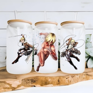 Szklanka z mrożonego szkła z motywem Annie Leonhart Attack on Titan, kubek do mrożonej kawy z motywem anime, naczynie do napojów Libbey Can, prezent AOT, prezent do koszyka wielkanocnego.