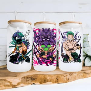 Vaso de vidrio esmerilado de One Piece de Roronoa Zoro, vaso de anime hecho a mano, taza de café helado de manga japonés, regalo de canasta de Pascua.
