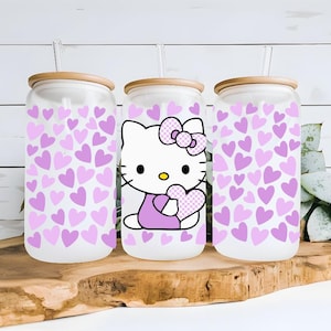 Kawaii Kitty Hello Glass Cup Tumbler, Adorable Design for Cozy Beverages, Ideal Gift for Friends Who Love Cute Things, Easter Basket Gift.
