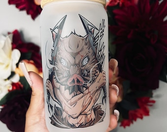 Inosuke Hashibira Demon Slayer Frosted Glass Cup, Unique Japanese Animation Gift, Anime Libbey Beer Can, Otaku Fan Gift, Easter Basket Gift.