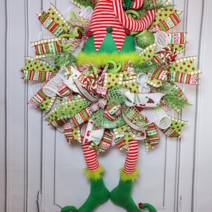 Whimsy elf wreath with hat and long legs, elf mesh wreath, Hollidays Season wreath, Hollidays door decor, Christmas door or wall decor.