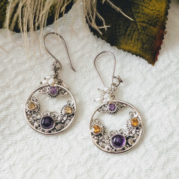 Artisan Sterling Silver Amethyst Pearl Earrings E041