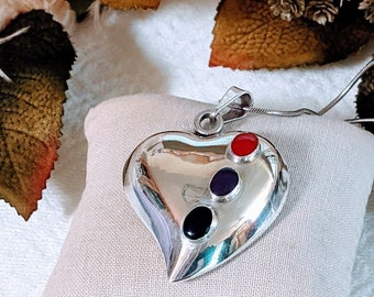 Vintage Taxco Sterling Silver Multi Enamel Heart Pendant Necklace N083