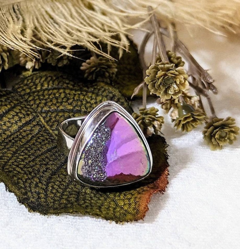 Vintage Artisan Sterling Silver Purple Druzy Adjustable Ring R052 image 1